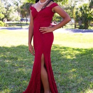 Red off the shoulder lace prom dress with slit